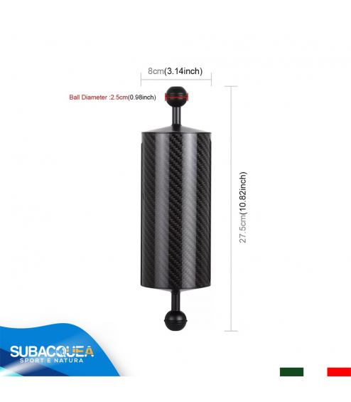 Braccetto di 28 cm e Diametro 8 cm in Carbonio Galleggiante per Staffe e Supporti, 2 Sfere da 25 mm e 800 gr. Galleggiamento