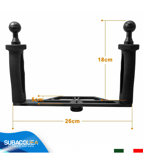 Staffa in Alluminio con Supporto Fisso per Fotocamere Compatte e Videocamere Subacquee con Doppia Impugnatura