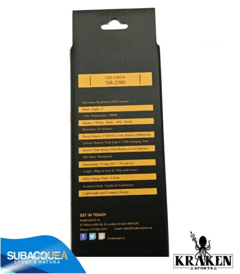 Torcia Subacquea Primaria Kraken, Modello NR-2500, 2500 Lm