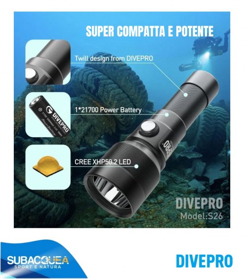 Torcia Subacquea Primaria DivePro, Modello S26, 2600 Lumen, 3 gradi