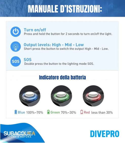 Torcia Subacquea Primaria DivePro, Modello S26, 2600 Lumen, 3 gradi