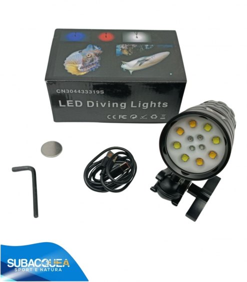 Torcia Subacquea, Modello D12, per Foto e Video, 120°, 8 led XHP50, 7000 Lm