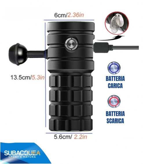 Torcia Subacquea, Modello D12, per Foto e Video, 120°, 8 led XHP50, 7000 Lm