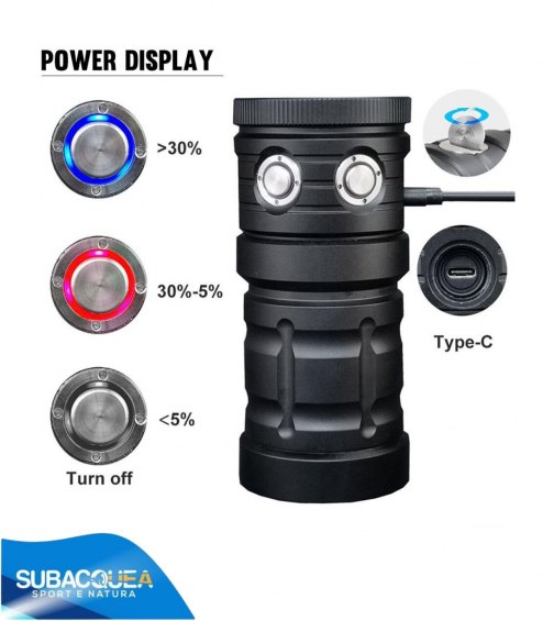 Torcia Subacquea, Modello D10, per Foto e Video, 140°, led Cob, 7000 Lm