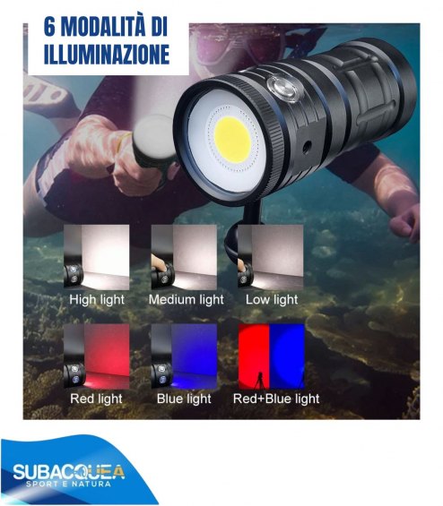 Torcia Subacquea, Modello D10, per Foto e Video, 140°, led Cob, 7000 Lm