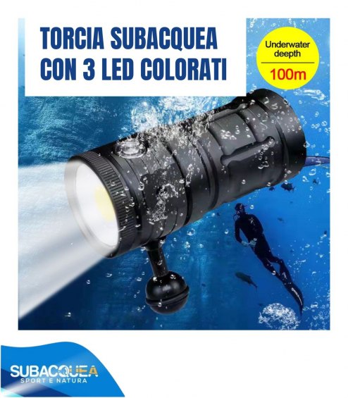 Torcia Subacquea, Modello D10, per Foto e Video, 140°, led Cob, 7000 Lm