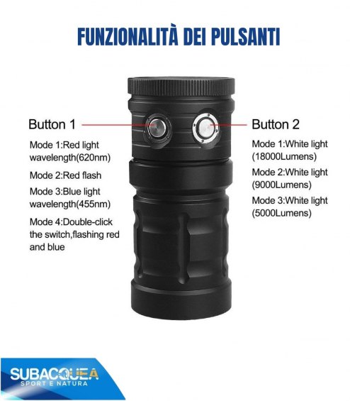 Torcia Subacquea, Modello D10, per Foto e Video, 140°, led Cob, 7000 Lm