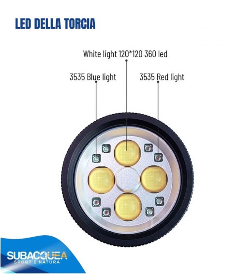 Torcia Subacquea, Modello D16 New, per Foto e Video,120°, led Cob, 7000 Lm