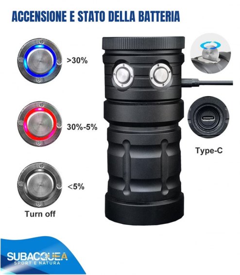 Torcia Subacquea, Modello D16 New, per Foto e Video,120°, led Cob, 7000 Lm