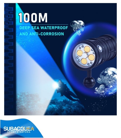 Torcia Subacquea, Modello D16 New, per Foto e Video,120°, led Cob, 7000 Lm