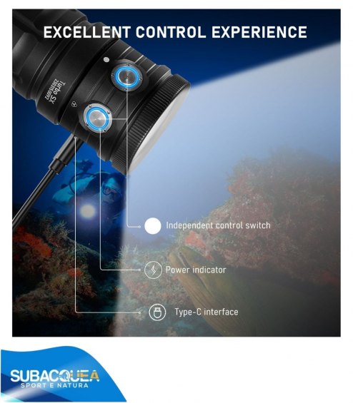 Torcia Subacquea, Modello D16 New, per Foto e Video,120°, led Cob, 7000 Lm