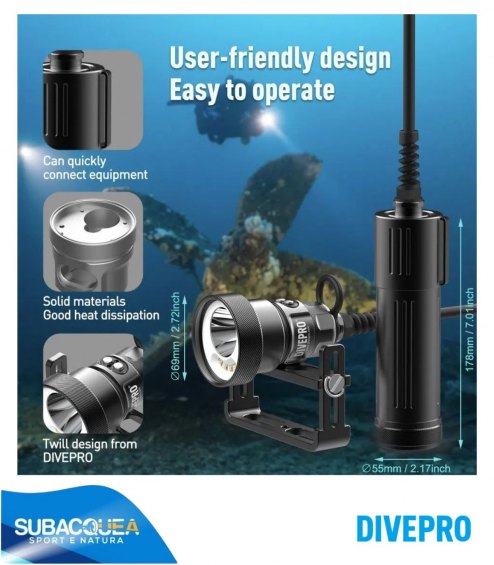 Torcia Subacquea Speleo, Marca DIVEPRO, Modello M6500S  (da 4° a 120° - da 2500 a 6500 lumen)
