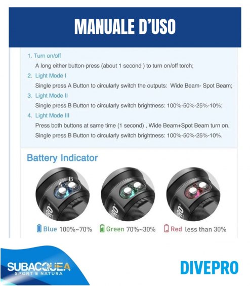 Torcia Subacquea Speleo, Marca DIVEPRO, Modello M6500S  (da 4° a 120° - da 2500 a 6500 lumen)