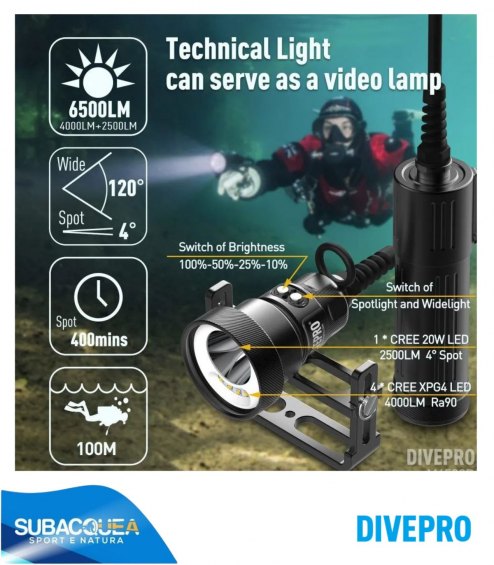 Torcia Subacquea Speleo, Marca DIVEPRO, Modello M6500S  (da 4° a 120° - da 2500 a 6500 lumen)