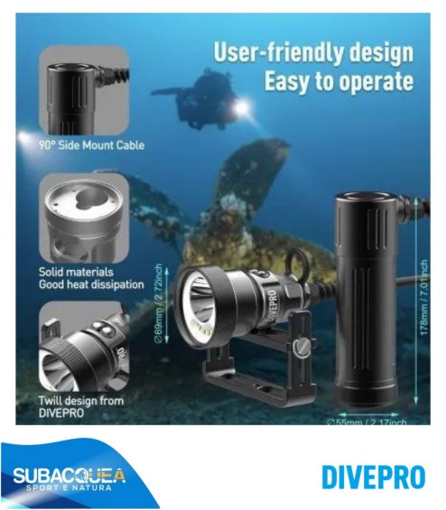 Torcia Subacquea Speleo, Marca DIVEPRO, Modello M6500S  (da 4° a 120° - da 2500 a 6500 lumen)