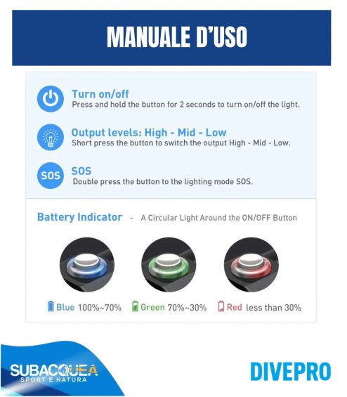 Torcia subacquea per foto e video,Marca DivePro,Modello DF40F,1 Led Cree XHP70.2,4200 Lumen