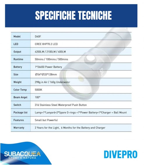 Torcia subacquea per foto e video,Marca DivePro,Modello DF40F,1 Led Cree XHP70.2,4200 Lumen