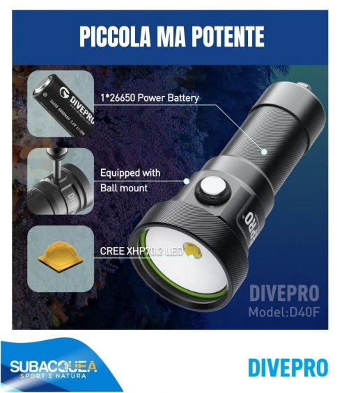Torcia subacquea per foto e video,Marca DivePro,Modello DF40F,1 Led Cree XHP70.2,4200 Lumen