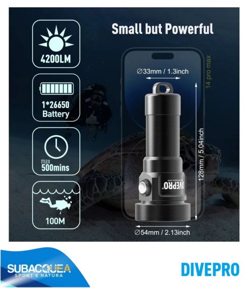 Torcia subacquea per foto e video,Marca DivePro,Modello DF40F,1 Led Cree XHP70.2,4200 Lumen