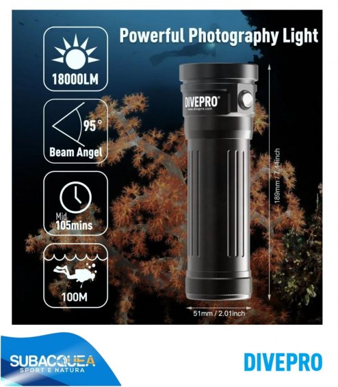 Torcia subacquea per foto e video,Marca DivePro,Modello G18 Plus,1 Led Cree CXB3590 ,18000 Lumen reali.