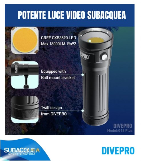 Torcia subacquea per foto e video,Marca DivePro,Modello G18 Plus,1 Led Cree CXB3590 ,18000 Lumen reali.