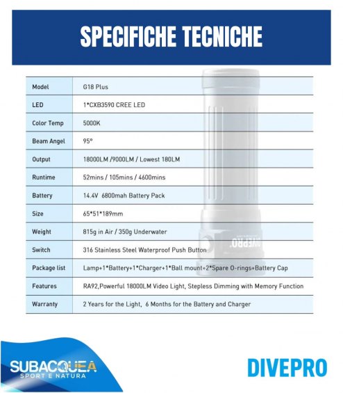 Torcia subacquea per foto e video,Marca DivePro,Modello G18 Plus,1 Led Cree CXB3590 ,18000 Lumen reali.