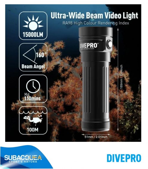 Torcia subacquea per foto e video,Marca DivePro,Modello Vision Pro+,1 Led Cree CMA2550 ,15000 Lumen reali