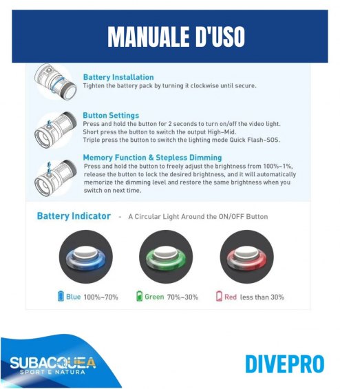 Torcia subacquea per foto e video,Marca DivePro,Modello Vision Pro+,1 Led Cree CMA2550 ,15000 Lumen reali