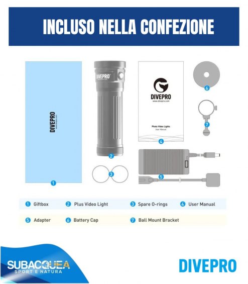 Torcia subacquea per foto e video,Marca DivePro,Modello Vision Pro+,1 Led Cree CMA2550 ,15000 Lumen reali