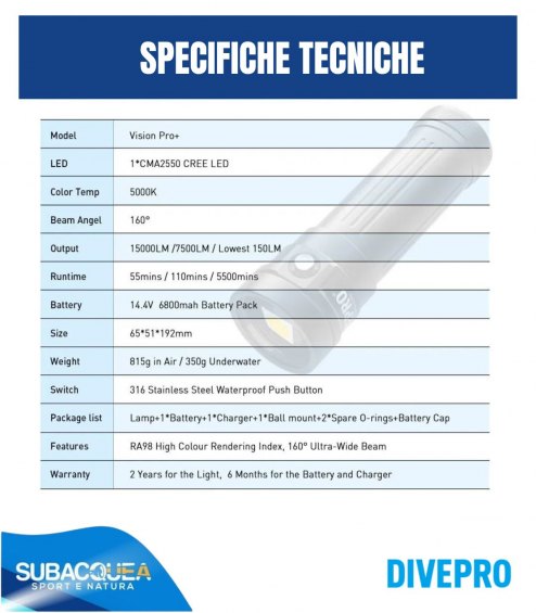 Torcia subacquea per foto e video,Marca DivePro,Modello Vision Pro+,1 Led Cree CMA2550 ,15000 Lumen reali