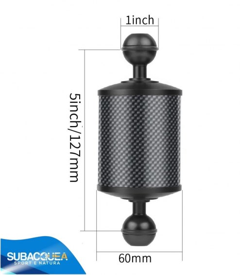 Braccetto di 15 cm e Diametro 6 cm in Carbonio Galleggiante per Staffe e Supporti, con 2 Sfere da 25 mm e 108 gr. Galleggiamento
