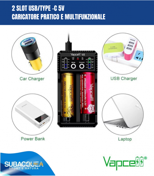Vapcell U2 - caricabatterie intelligente con 2 canali 2 A per Ni-Mh, Ni-Cd e Li-Ion + funzione PowerBank
