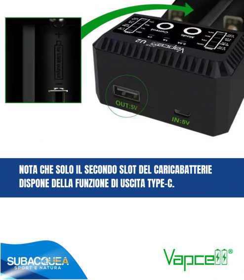 Vapcell U2 - caricabatterie intelligente con 2 canali 2 A per Ni-Mh, Ni-Cd e Li-Ion + funzione PowerBank