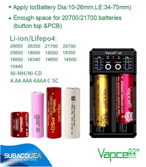 Vapcell U2 - caricabatterie intelligente con 2 canali 2 A per Ni-Mh, Ni-Cd e Li-Ion + funzione PowerBank
