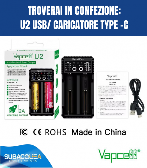 Vapcell U2 - caricabatterie intelligente con 2 canali 2 A per Ni-Mh, Ni-Cd e Li-Ion + funzione PowerBank