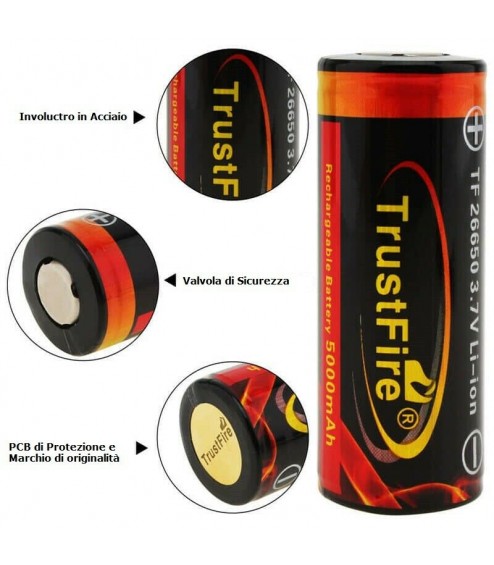 Batteria Trustfire 26650 5000 mAh 3.7 V al Litio Ricaricabile con PCB di Protezione